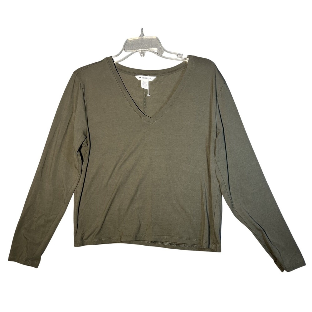 Athleta Women's Olive Green Supima Cotton Long Sleeve V-Neck Activewear Top Size